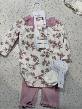 Tahari Floral Long-Sleeve Bodysuit Set in Pink and Cream